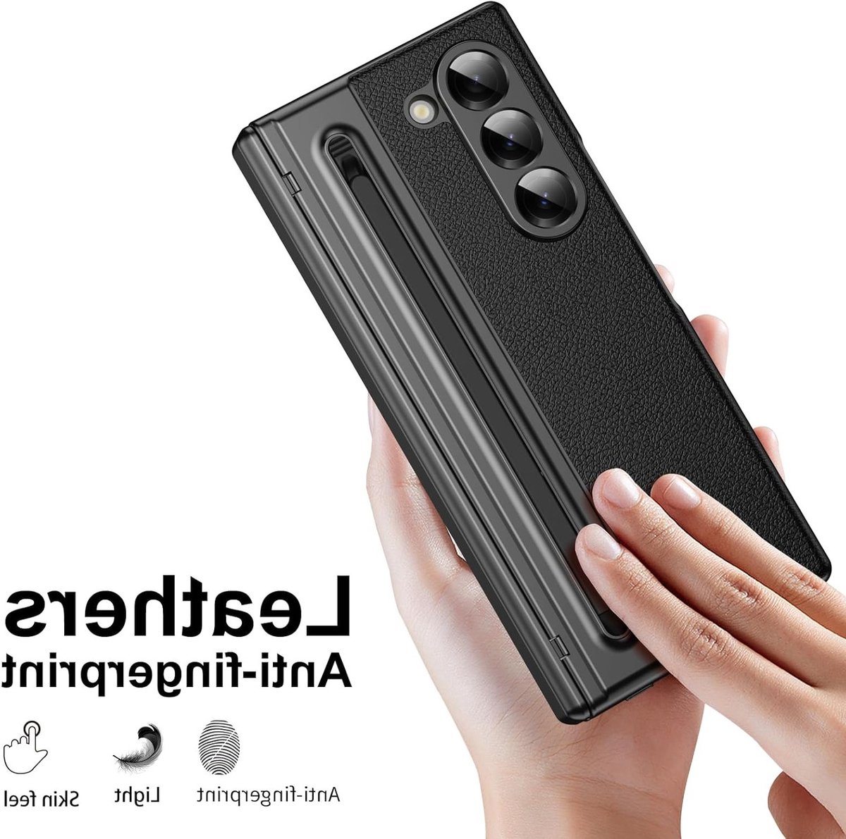 Hoogwaardige leren hoes voor Galaxy Z Fold 5 met S Pen houder en gehard glazen screen protector - Zwart, met scharnierbescherming en optimale bescherming