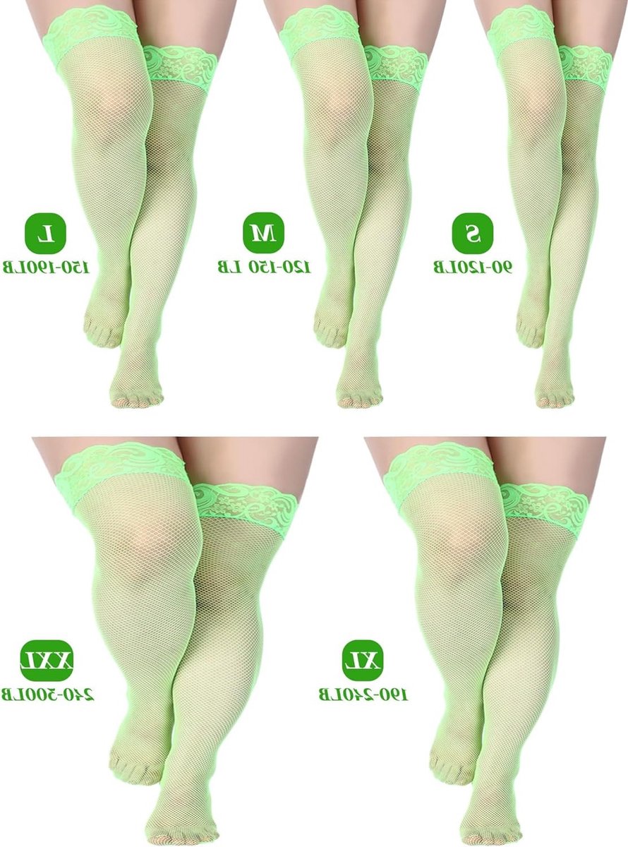 4 Paar Visnet Thigh High Kousen voor Dames met Silicium Lace Top, Transparant Over de Knie, Beschikbaar in Blauw, Groen, Roze en Paars