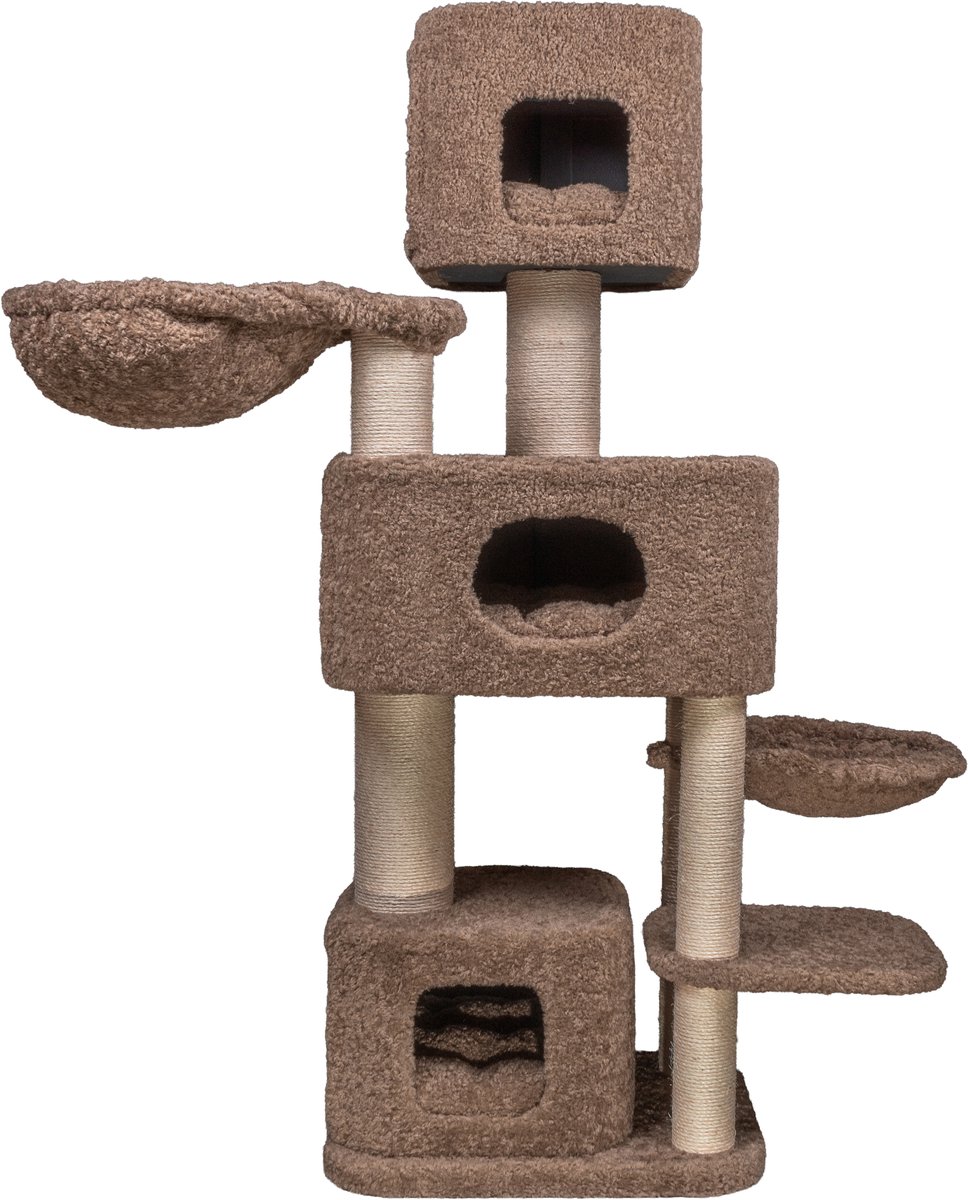 Zoodis Ebba 164 Krabpaal met 3 Kattenhuizen en Hangmat | Luxe Krabboom voor Katten | Sisal Krabpalen | Meerdere Ligplaatsen | Bruin