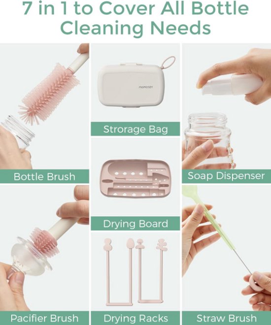Momcozy Momcozy 7-in-1 Babyfles Reinigingsset (Roze) - Baby Bottle Cleaner Kit met Siliconen Borstel, Speen- & Rietjesborstels, Zeepdispenser & Droogrek - Draagbare Babyfles Schoonmaakset voor Thuis & Reizen van Momcozy. — afbeelding 2