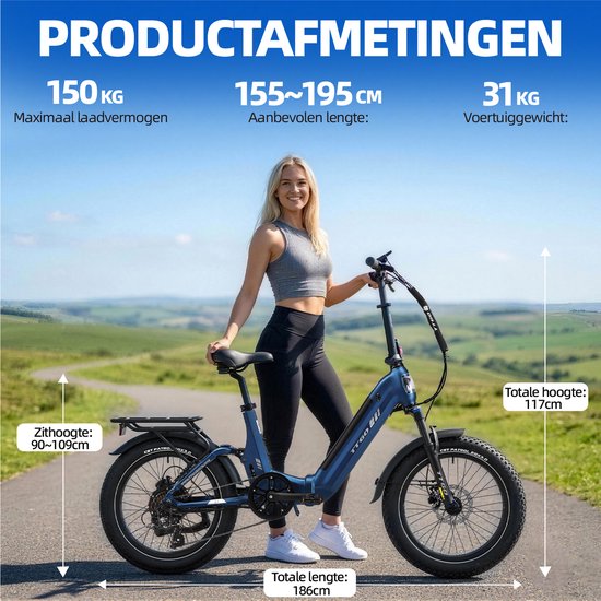 TTGO F7 Elektrische Fiets - 20 Inch Banden - 250W Motor - 48V15Ah Accu - Max Snelheid 25km/u - Max Bereik 100-120 km - Shimano 7 Versnellingen - Blauw — afbeelding 4
