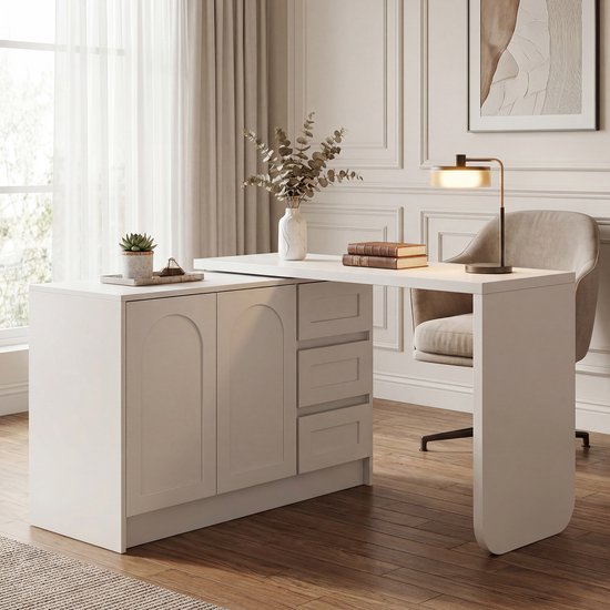 Sweiko Hoekbureau - L-bureau - 360° draaibaar - 3 lades - Opbergkast - 75 x 110–170 x 40 cm - Wit