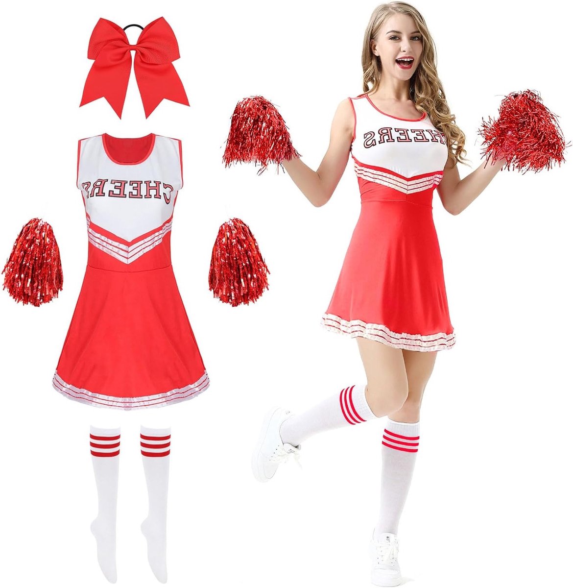 Vrouwelijk Cheerleader Kostuum met Pompoms, Haaraccessoires en Sokken voor Carnavalsfeest en Cosplay