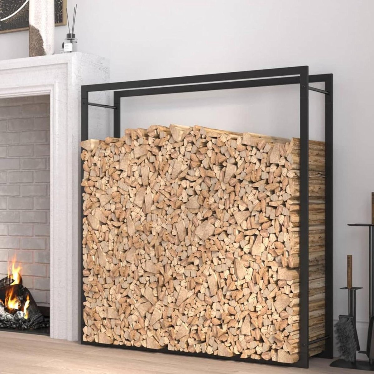Brandhoutrek - Houtopslag Houder - Open Haard Aanvullen - Bodemventilatie - 110x28x116 cm - Mat Zwart
