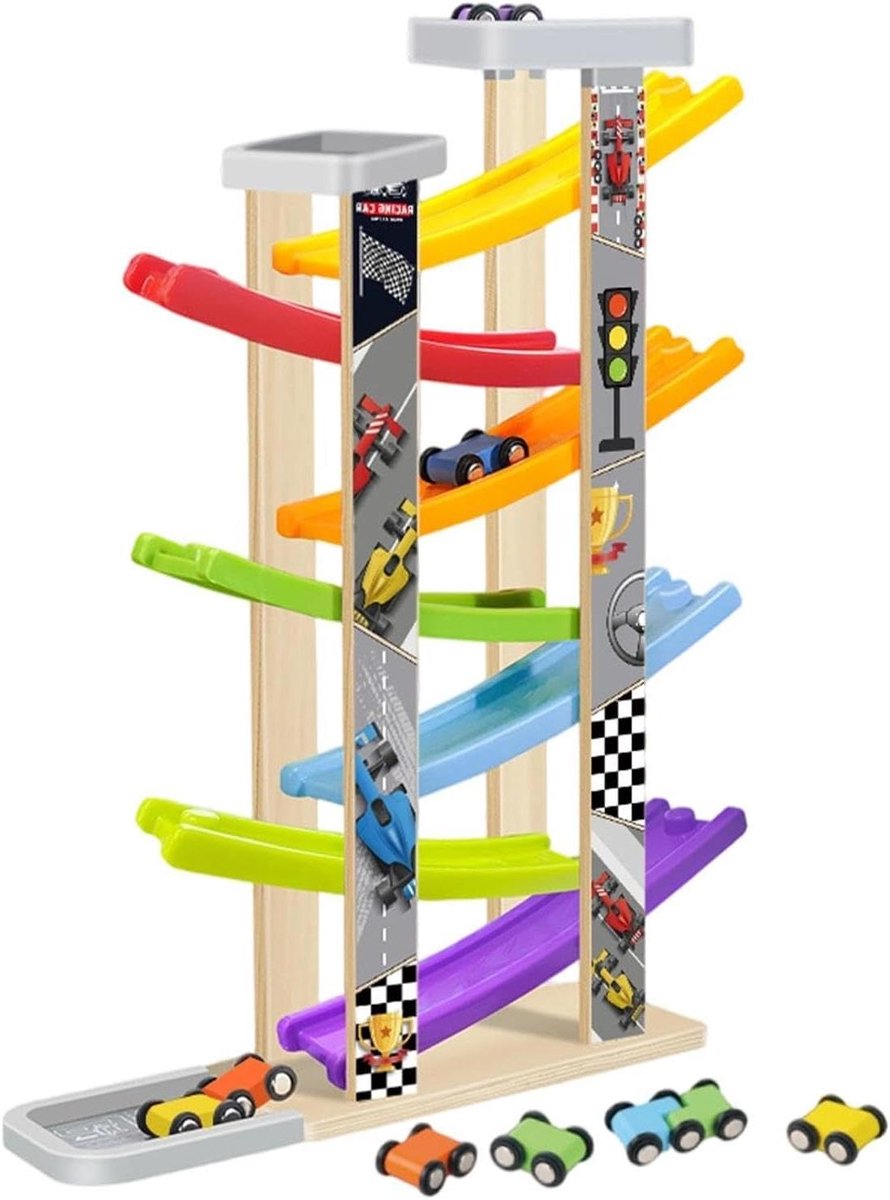 Houten Hellingbaan - Racebaan Speelgoed - Kind Ontwikkeling - Zeven Niveaus - 44 x 13 x 8 cm - Multicolor