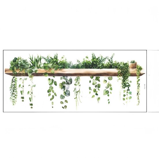 Sticker van een houten plank met diverse groene hangplanten en staande planten.
