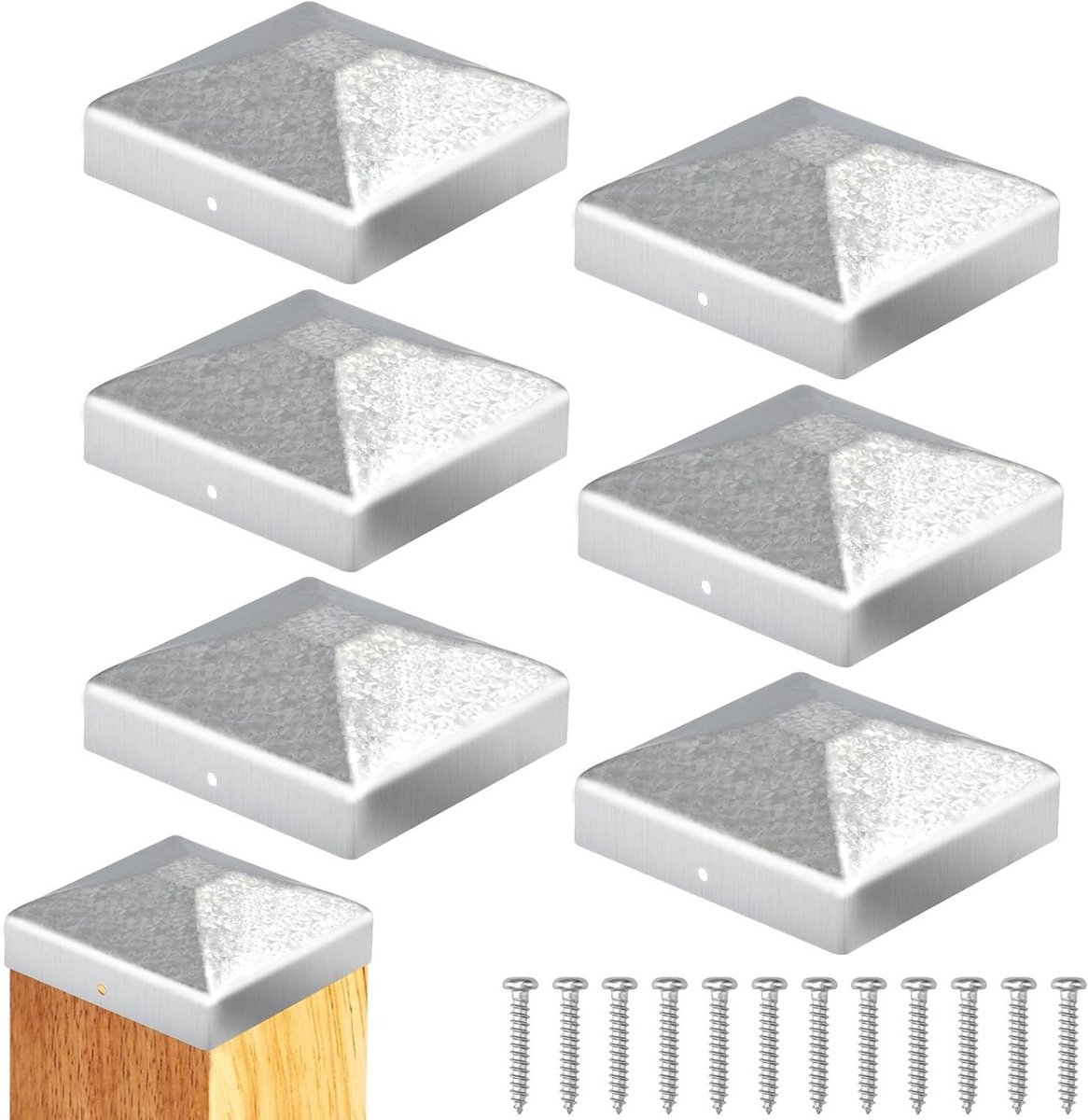 Set van 6 Post Caps 7 x 7 cm voor Hekwerk, Vierkante Paalkappen met Schroeven, Ideaal voor Tuin en Buitenruimte