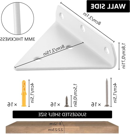 Set van 4 Witte Driehoekige Planksteunen van Metaal, 8 cm, Zwevende Wandplank Steunen voor Open Planken en Creatief Gebruik — afbeelding 5