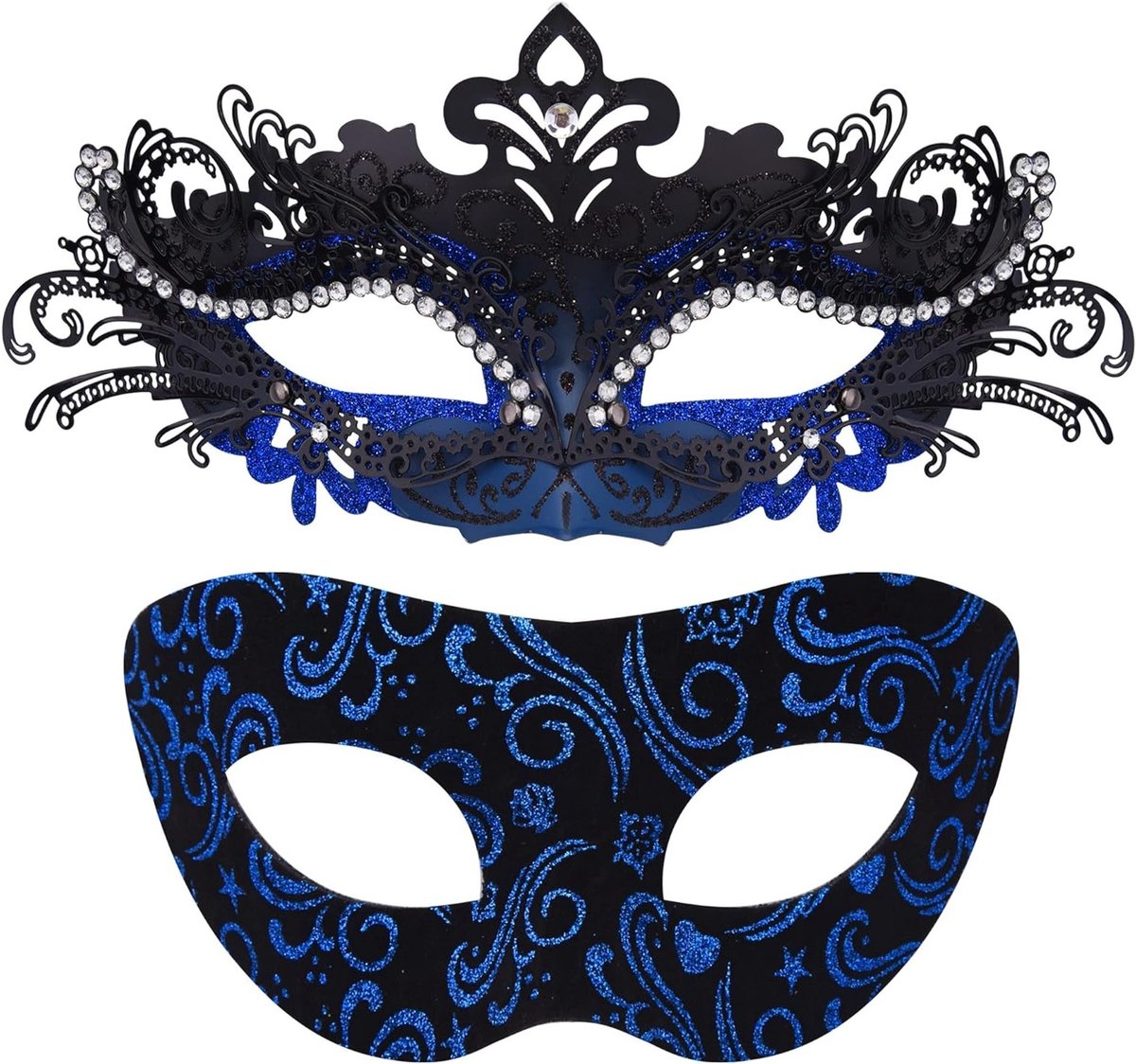 Elegante Venetiaanse Maskers voor Stellen - Zwart en Blauw Metaal, Perfect voor Halloween en Feestjes