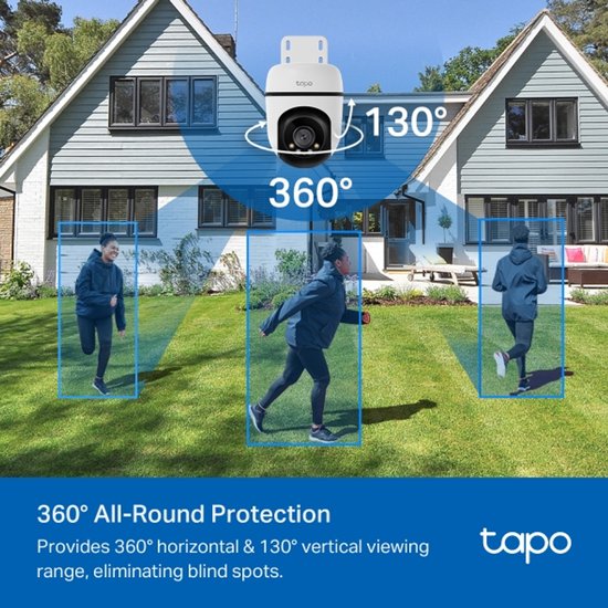 Tapo camera met 360° bewegingsdetectie en 130° verticale kijkhoek.