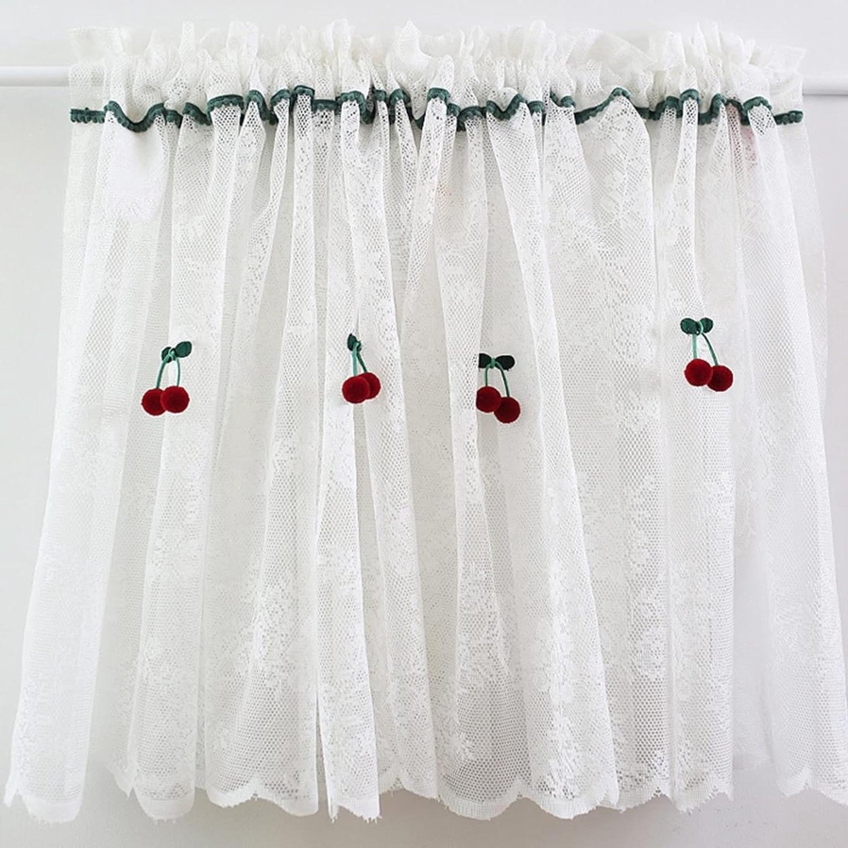 Korte Vitrage Gordijnen - Keukengordijn Kant - Raam Decoratie - Kersen Decoratie - W180xH45cm - Wit