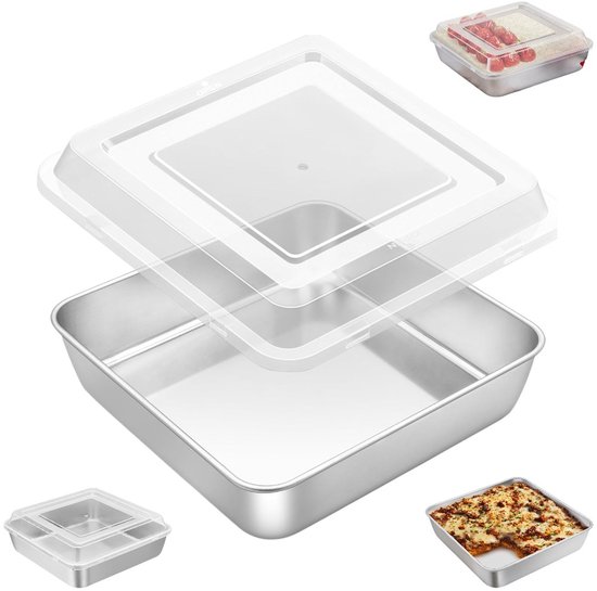 Vierkante taartvorm - Vierkante bakvorm van roestvrij staal met deksel - Vierkante taartvorm met deksel - 20*20*5 cm - Zilver - Vierkante taartvorm van 20 cm - Ideaal voor het bakken van lasagne, brownies, puddingen, enz.