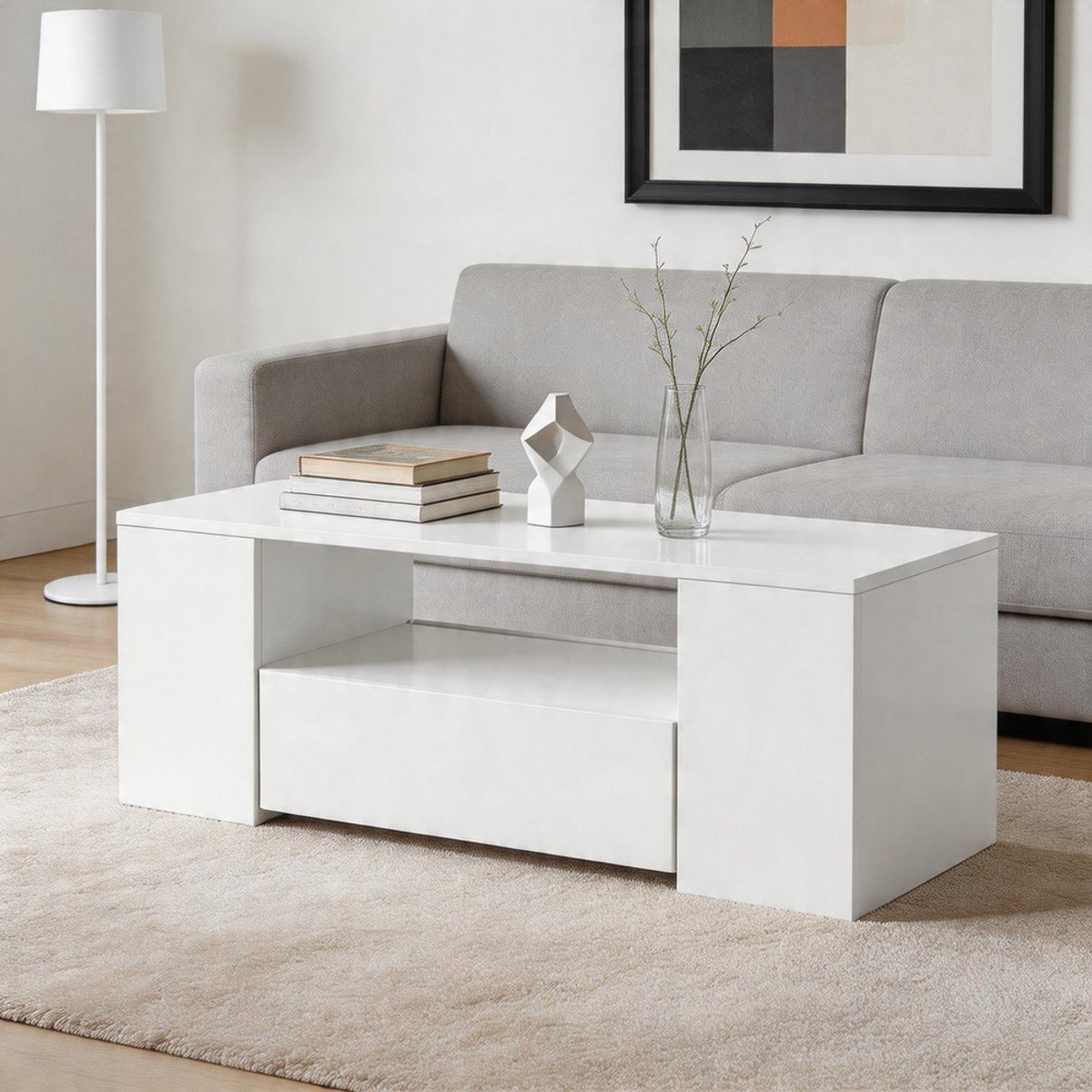 KOMHTOM - Moderne hoogglans salontafel - Twee lades - Twee planken - Salontafel en bijzettafel - 95x53x37 cm