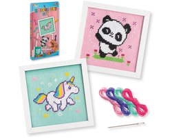 Joya Creative Borduurpakket voor Beginners 2-in-1 15 x 15 cm – Kruissteek Borduurset voor Kinderen vanaf 7 Jaar – Inclusief Unicorn en Panda Patronen, Borduurgaren en 2 MDF Lijsten – Multicolor