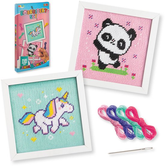 Borduurpakket voor Beginners 2in1 - Unicorn en Panda – Ik Leer Borduren - Borduurpakket Dieren voor Beginners - Creatief Montessori Speelgoed - Inclusief MDF Frame 15×15 cm - Joya Creative