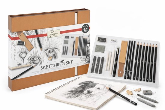 Gesloten luxe geschenkverpakking "Sketching Set" met illustraties van planten en insecten, 22 onderdelen.