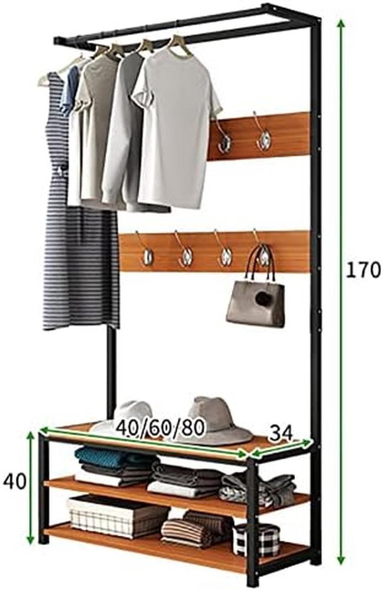 Kapstok met Schoenenrek - Garderoberek Kledingrek - Entree Organiseren - Stabiele Trapeziumstructuur - 80x34x170cm - Zwart – foto 2