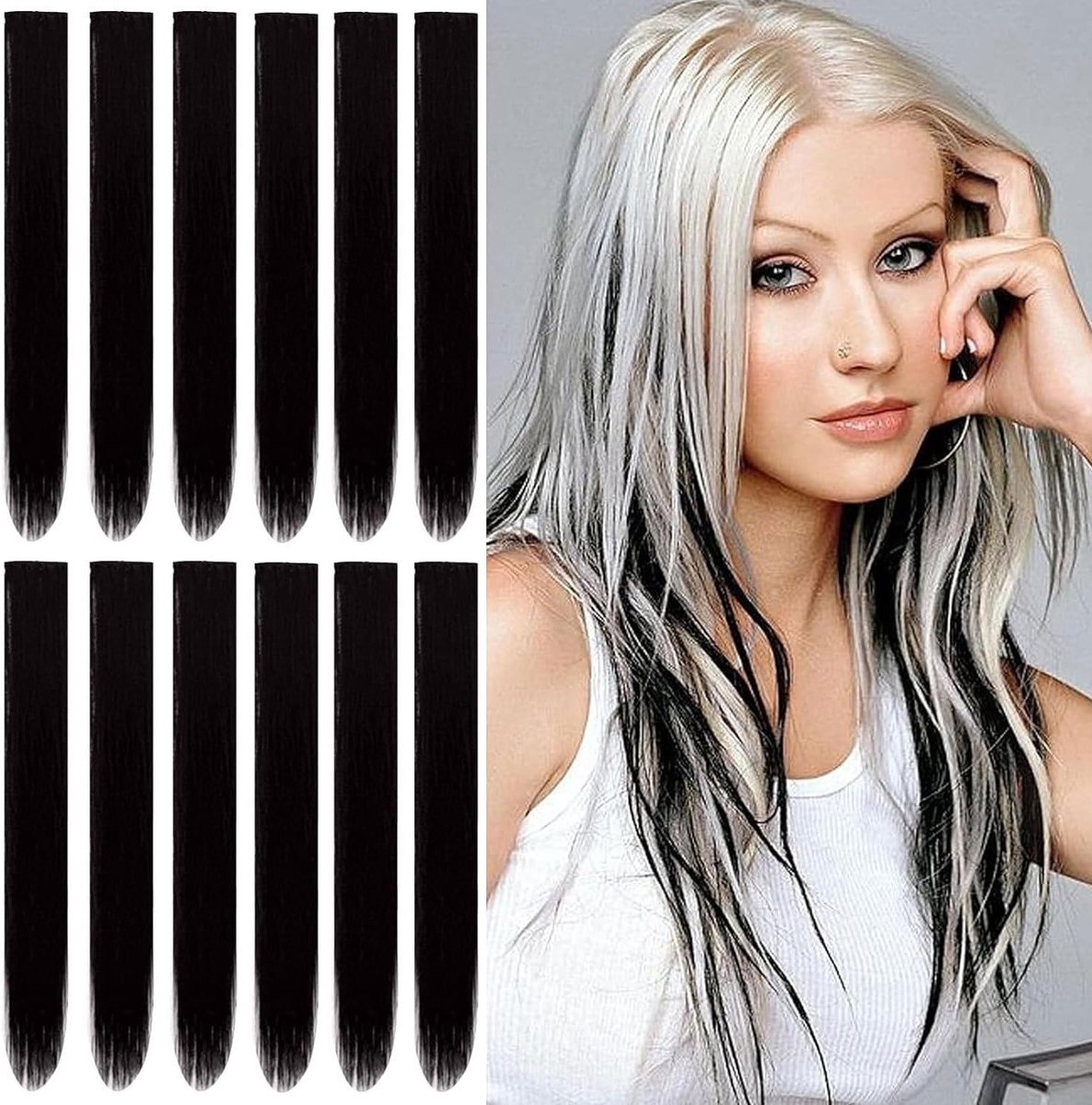 Set van 12 Zwarte Haarstrengen voor Klemmen, 55 cm Clip-In Haarextensions voor Lang Steil Haar, Ideaal voor Kinderen en Feestjes, Haarverlenging en Haardecoratie