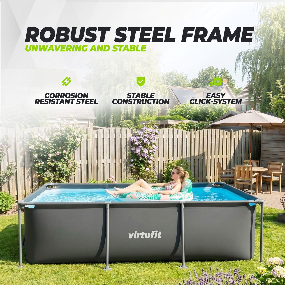 VirtuFit Rechthoekig Zwembad 260 x 180 x 66 cm - Incl. Filterpomp - Opzetzwembad - Duurzaam & Veilig Stalen Frame - Antraciet — afbeelding 3
