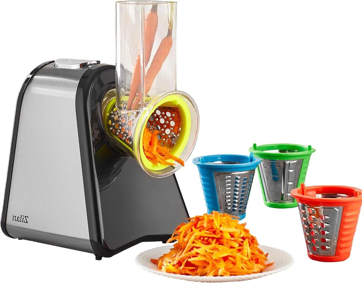 Elektrische Keukenrasp - Groenteschaaf Keukenmachine - Snel Ingrediënten Raspen - 4 Opzetstukken - 22 cm Hoogte - Roestvrij Staal