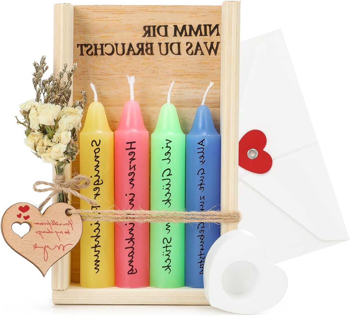 Cadeauset met Kaarsenhouders, Houten Doos, Gedroogde Bloemen en Envelop - Perfect voor Verjaardagscadeaus voor Vrouwen, Vriendinnen en Zussen in Diverse Kleuren