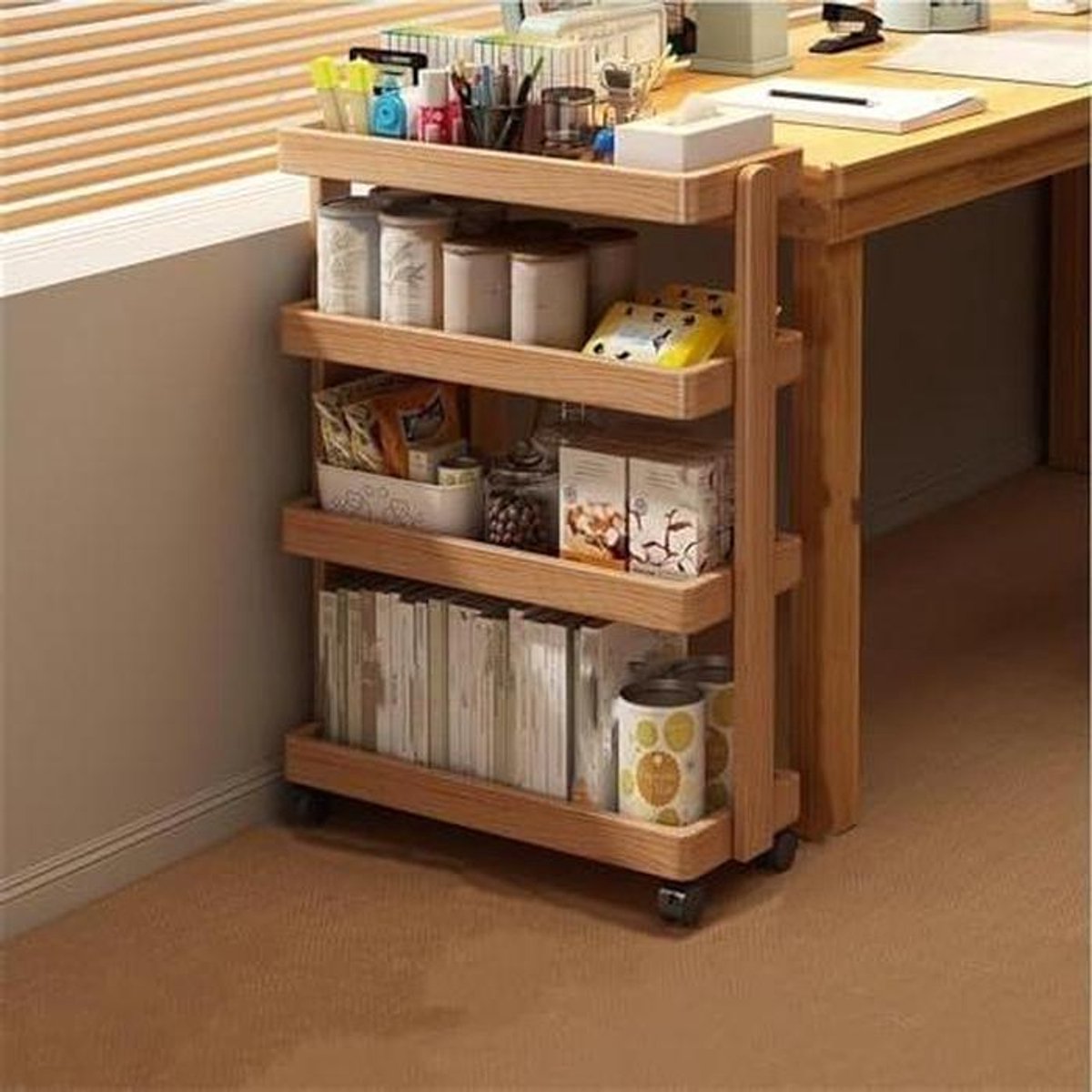 Houten Opbergkar - Mobiele Trolley - Ruimte Organiseren - Verhoogde Plankranden - 40cm - Naturel