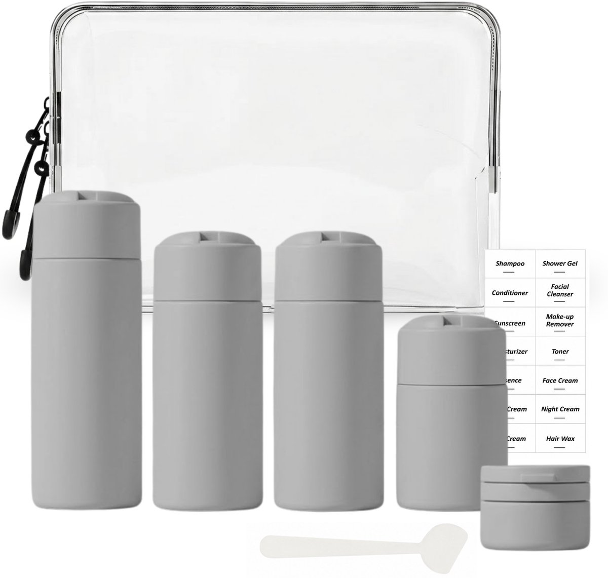 Tamarow Reisflesjes met Etui - 100ml Siliconen Reisflacons - 6-Delig - Reisaccessoires - Cosmetica Potjes - Reis Flesjes - Grijs