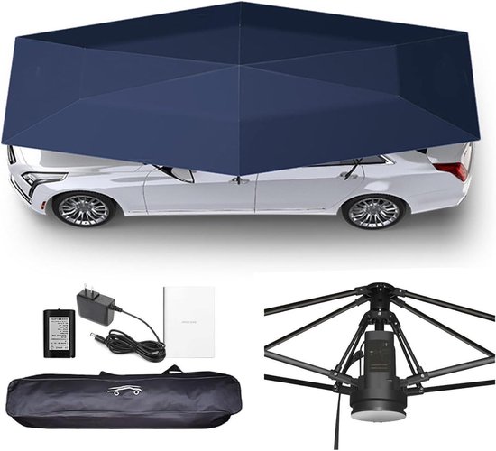 Zilverkleurige autotent over een witte auto, met accessoires: draagtas, oplader, doosje, motormechanisme.