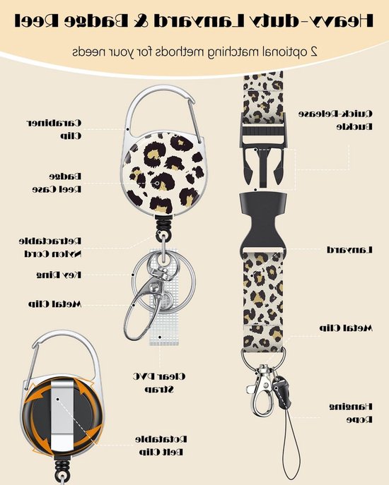 Stijlvolle Badgehouder met Retractable Reel en Afneembare Lanyard - Beige Luipaardprint voor Werkers en Evenementen — afbeelding 3