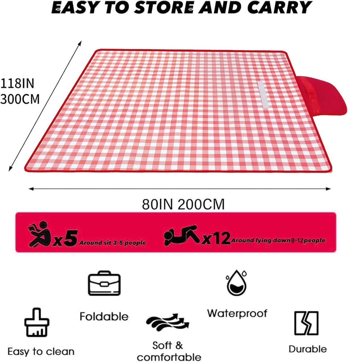 Picknickkleed - 200 x 300 cm - Waterdicht - met Handvat - Opvouwbaar Buitenkleed - Campingkleed - Picknickdeken voor Buiten - Draagbare tuin-strandmat - Strandkleed - zandbestendig - voor Strand, Park, Barbecue, Wandelen - rood-wit geruit — cadeau in Sport & Outdoor - foto 3