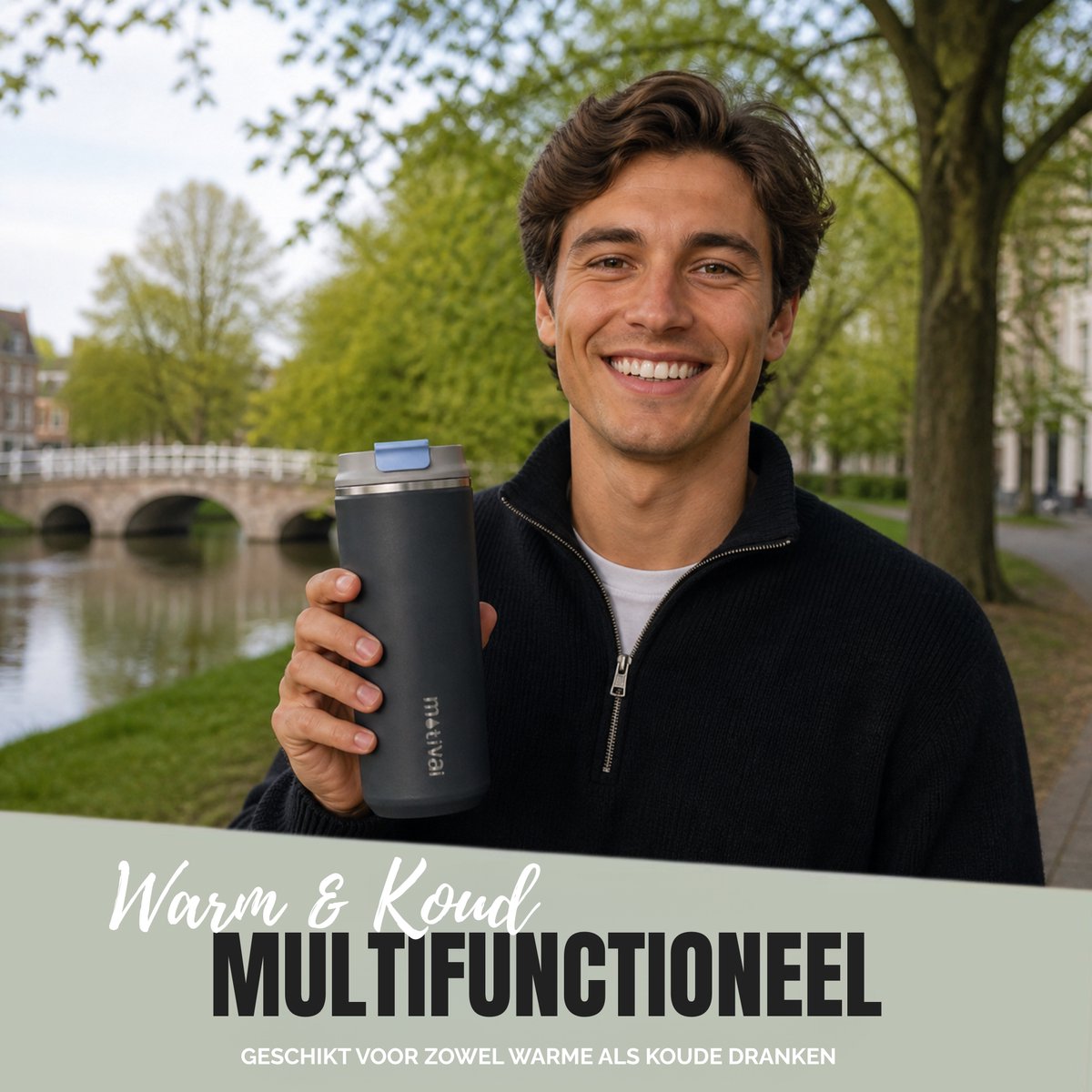 Motivai Daily Cup – Thermosbeker To Go – 470ML RVS Thermosmok – Lekvrij – Dubbelwandig Geïsoleerd – BPA-vrij & Duurzaam – Koffiebeker voor Onderweg – Zwart — cadeau in Koken & Dineren - foto 4