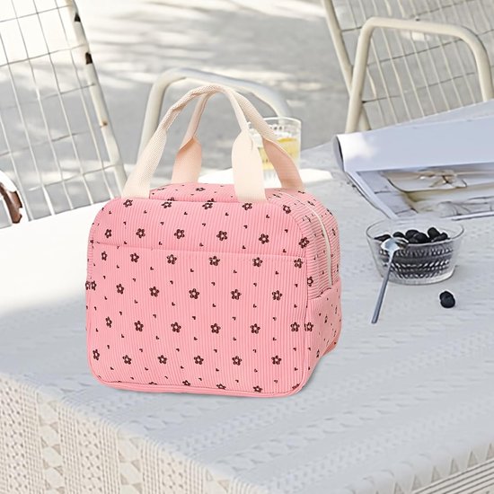 KZQ Geïsoleerde Lunchtas 2 Stuks, Corduroy met Aluminiumfolie Voering, Roze en Paarse Lunchkoeltas met Buitenzak, voor Picknick School Kantoor van KZQ — afbeelding 3