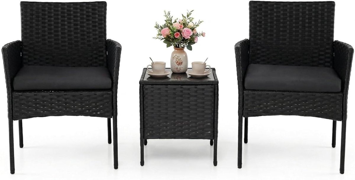 Tuinmeubelset Rotan - Buitenmeubels - Ontspannen Buiten - Gehard Glas Tafel - 3 Delig - Zwart