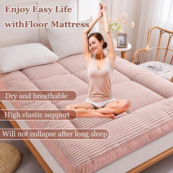 Japanse Futon Matras - Vloermatras Gastenmatras - Comfortabel Slapen - Opvouwbaar Draagbaar - 200 cm - Roze — afbeelding 4