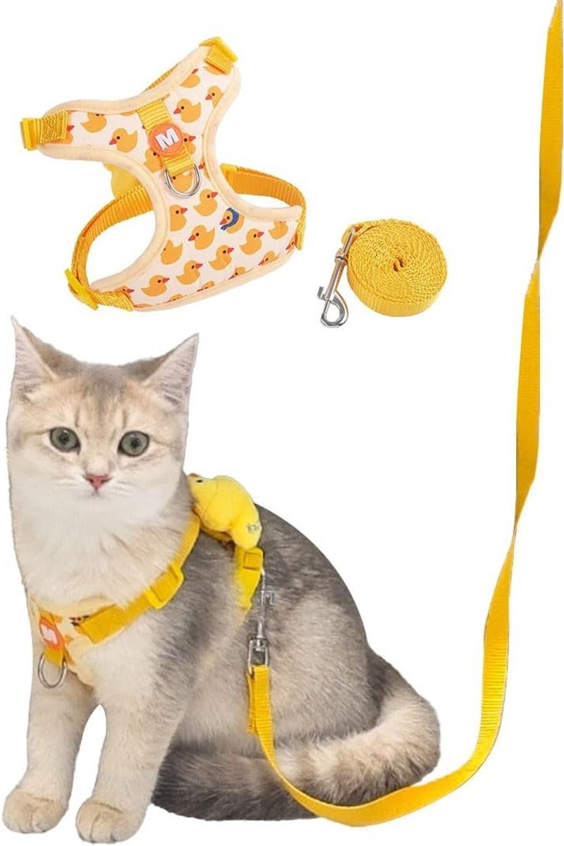 Katentuig met Gele Eend Patroon en Kattenlijn, Duurzaam en Comfortabel Tuigje voor Katten, Maat M
