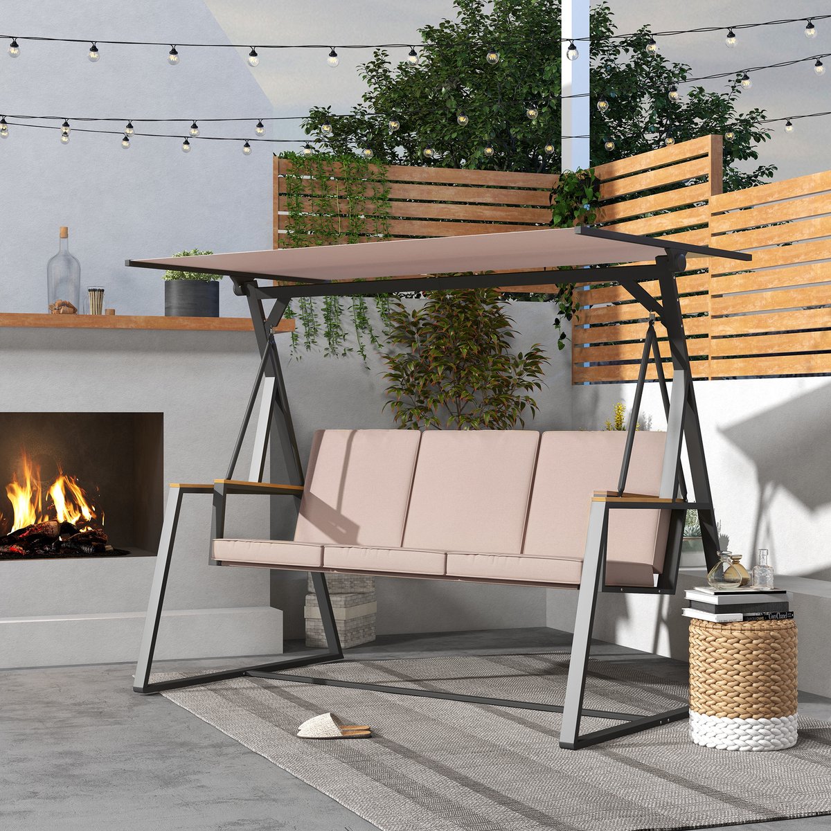 Wishdor 3-Zits Tuinschommelbank - Verstelbare Zonneluifel En Zitkussens - Voor Tuin Of Terras - Stalen Frame - Khaki