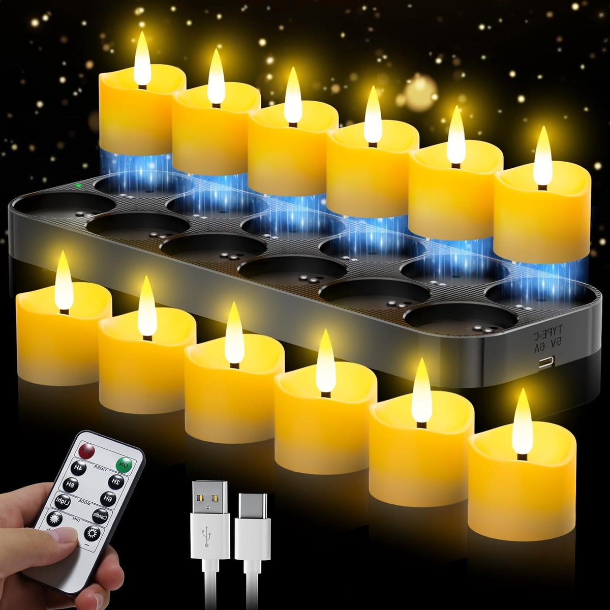 Magnetische Oplaadbare LED Theelichten - 12 Stuks met Oplaadstation, Timer en Afstandsbediening, Vlamloze Kaarsen voor Feestdagen, Decoratie en Ceremonies