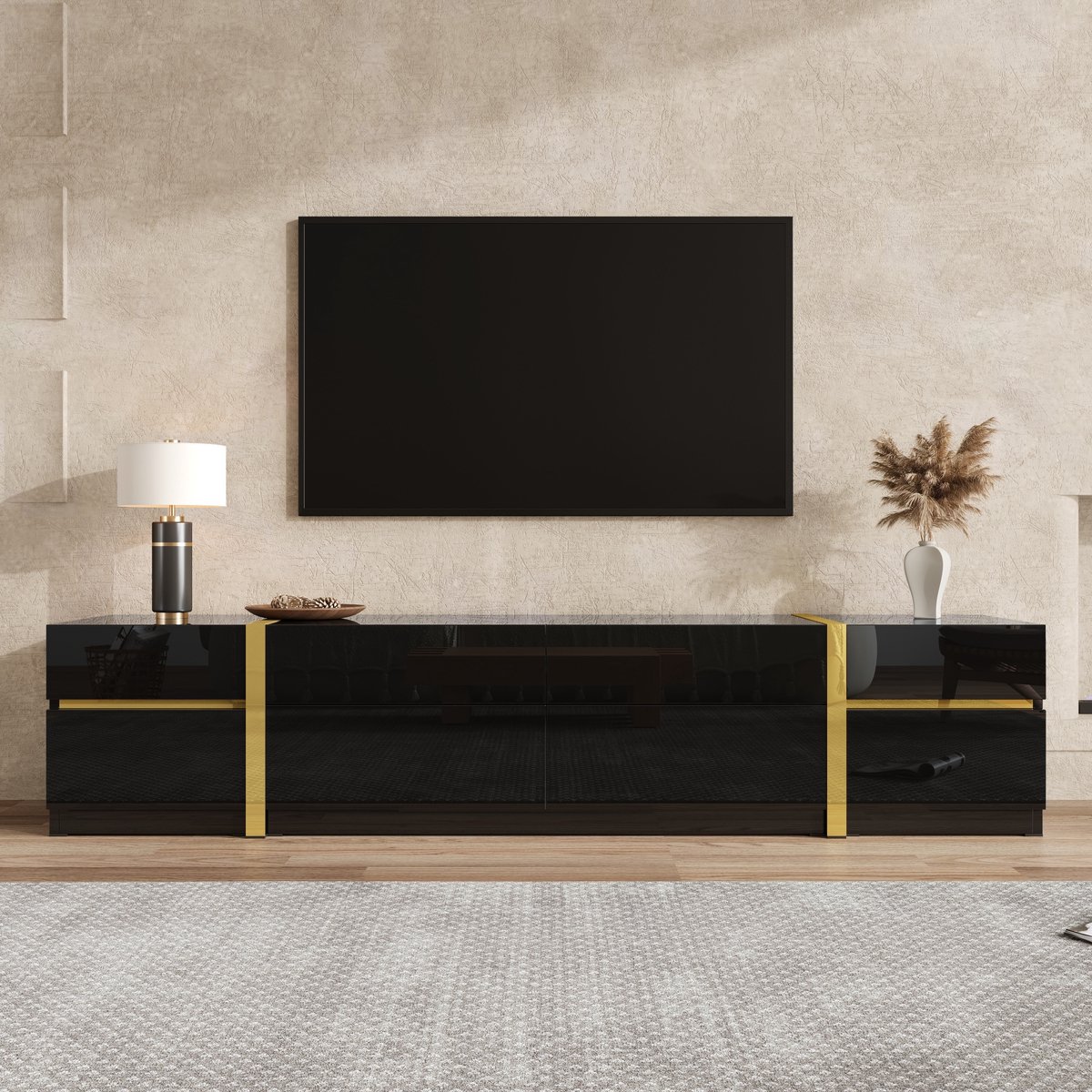 VVBV Tv meubel / Tv kast – met Opbergruimte, Lades – Hoogglans – MDF – Zwart – Afmetingen 180x40x38 cm – TV Kast met Opbergruimte en Lades Black