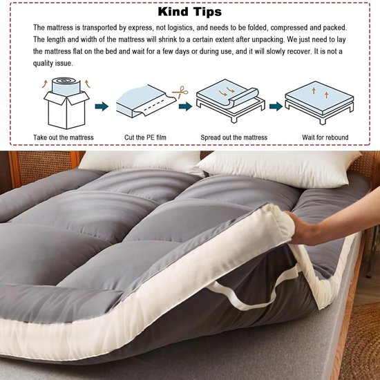 Japanse Vloermatras - Futonbed Logeermatras - Ruimtebesparend Slapen - 10 cm Dik Comfort - 90 x 190 cm - Lichtgrijs — afbeelding 5