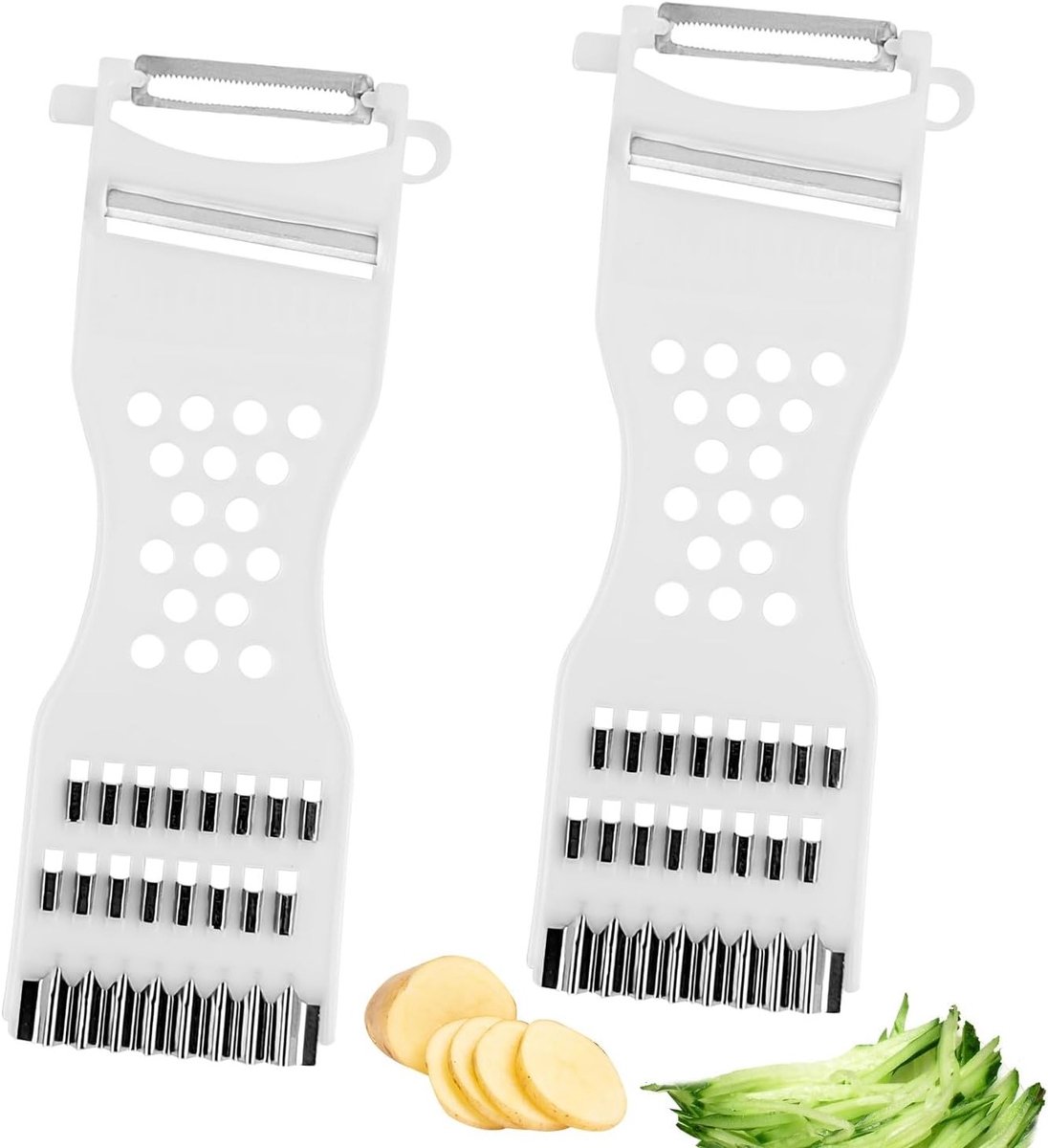 Set van 2 Multifunctionele Groenteschillers - 6-in-1 Groente- en Fruitmes, Aardappelschiller en Julienne Cutter voor Efficiënt Schillen en Snijden
