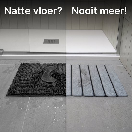 Vergelijking: vochtige vloer met pluizige mat vs. droge vloer met grijze ribbelmat.