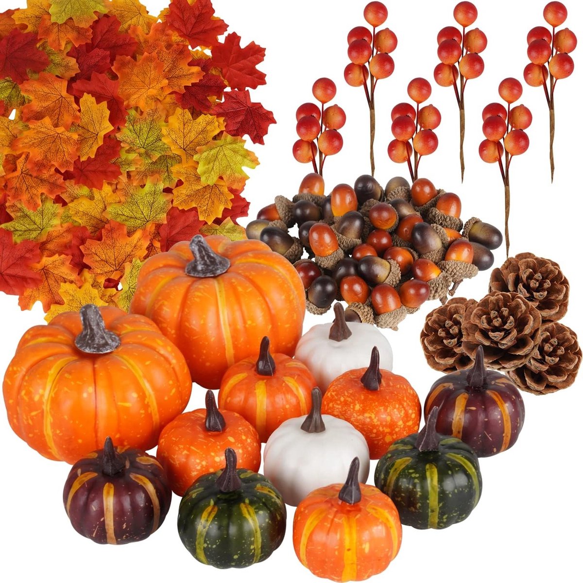 Kunstmatige Esdoornbladeren, Oogstpompoenen, Eikels, Dennenappels en Oranje Bessen voor Herfstdecoratie, Halloweenfeest en Feestdagen, 162 Stuks