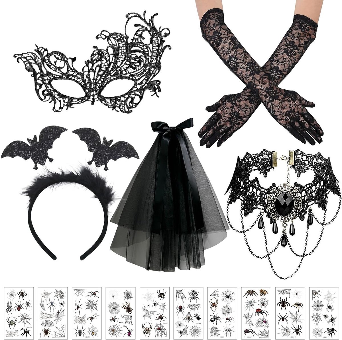 Halloween Steampunk Accessoires voor Vrouwen, Set van 5, Goth Zwarte Kanten Handschoenen, Ketting, Oogmasker, Tattoo Stickers voor Carnaval en Kostuumfeest