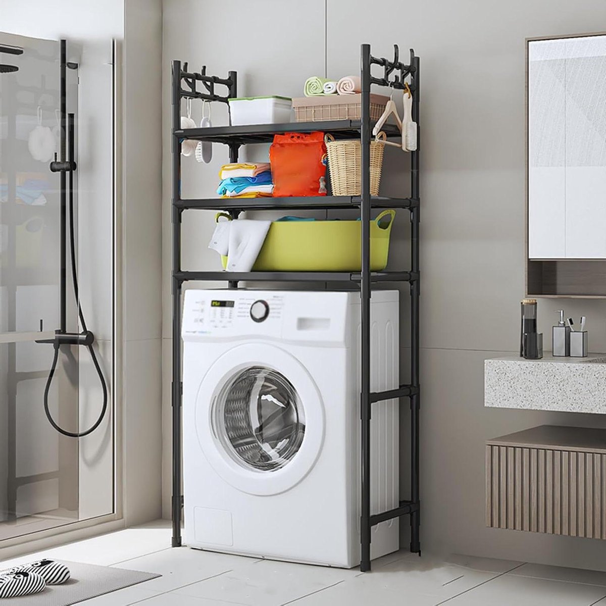 Wasmachine Opbergrek - Opbergplank - Wasruimte Organiseren - Zonder Boren Installeren - 63.5 x 26 x 146.5 cm - Zwart