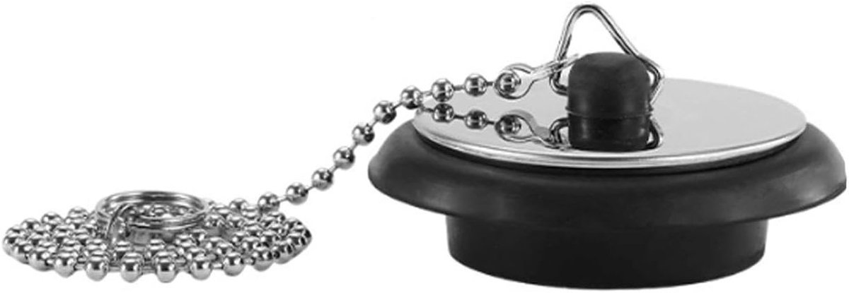 Universele rubberen afvoerstopper met roestvrijstalen ketting voor bad, wastafel en toilet vervanging, ideaal voor gastenbadkamer en wasruimte.