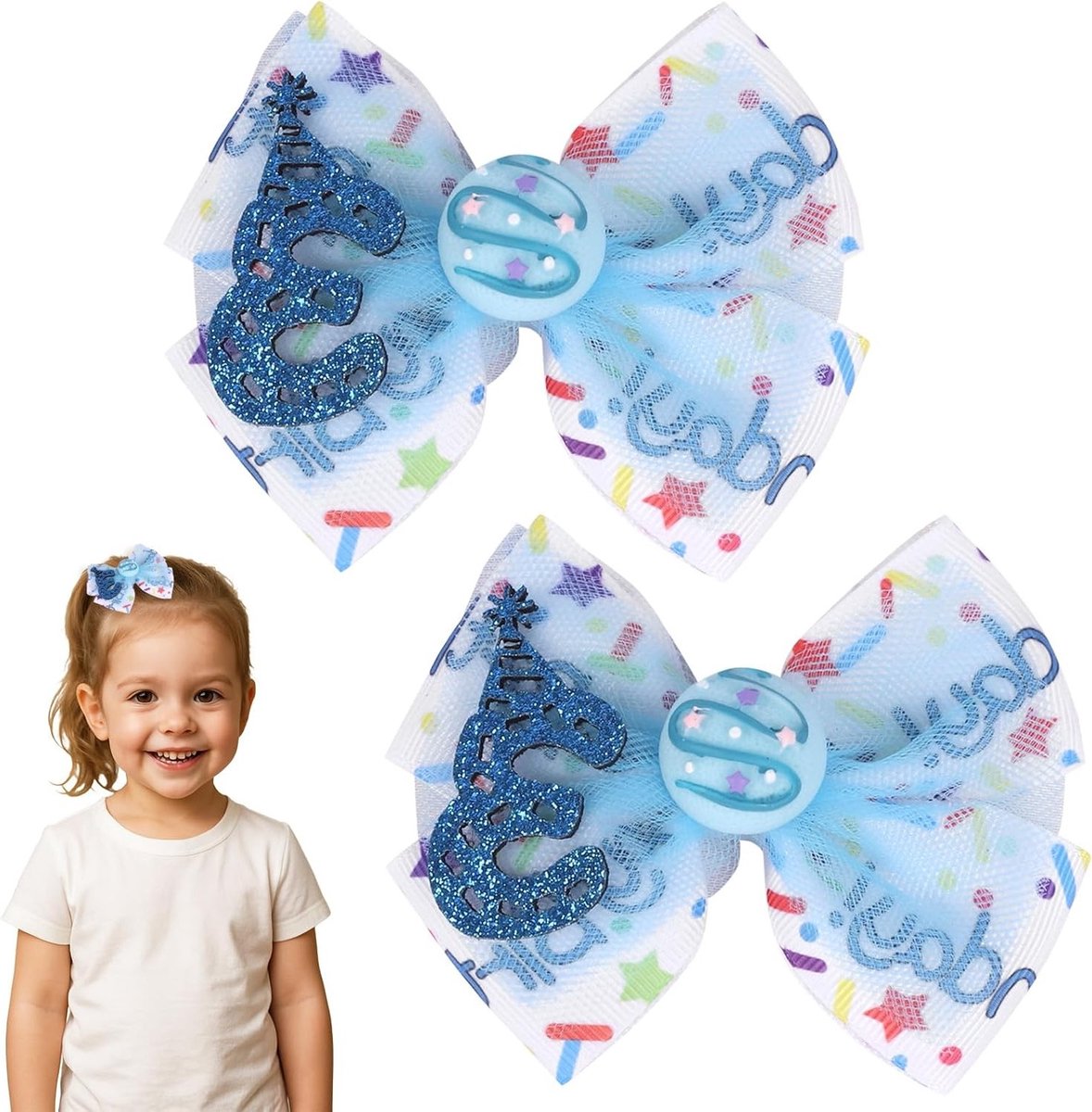 2-Pack Verjaardagshaarstrikken voor Meisjes in Aardbeirood en Blauw, Haarbanden met Sprankelende Cijfers voor Leeftijd 1-6, Cake Smash Fotoprops en Feestaccessoires