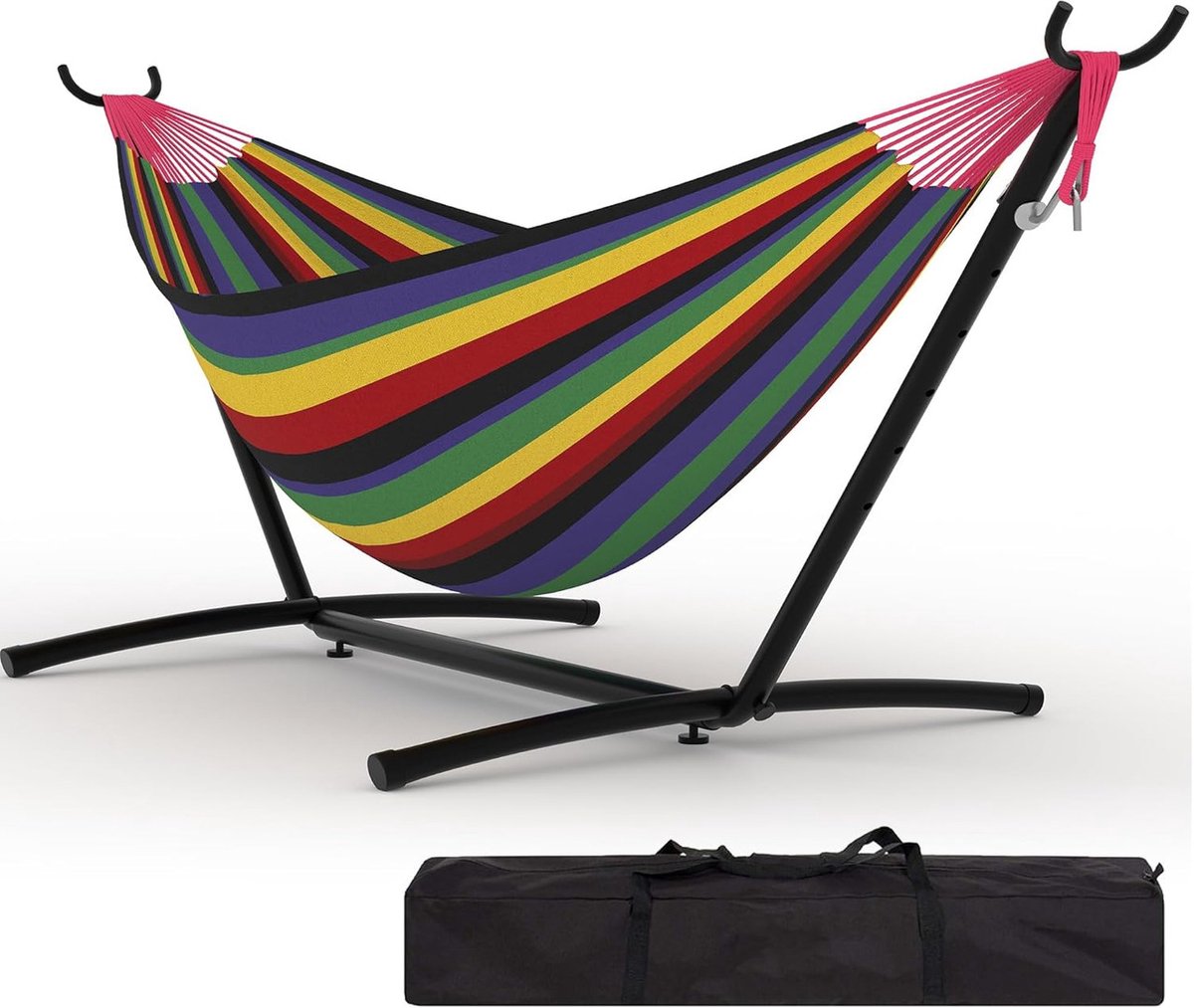 Dubbele Hangmat met Standaard - 2-Persoons Hangmat - Verstelbaar & Draagbaar - Max. 160 kg - Inclusief Draagtas - Voor Binnen en Buiten - Gestreept - Meerkleurige