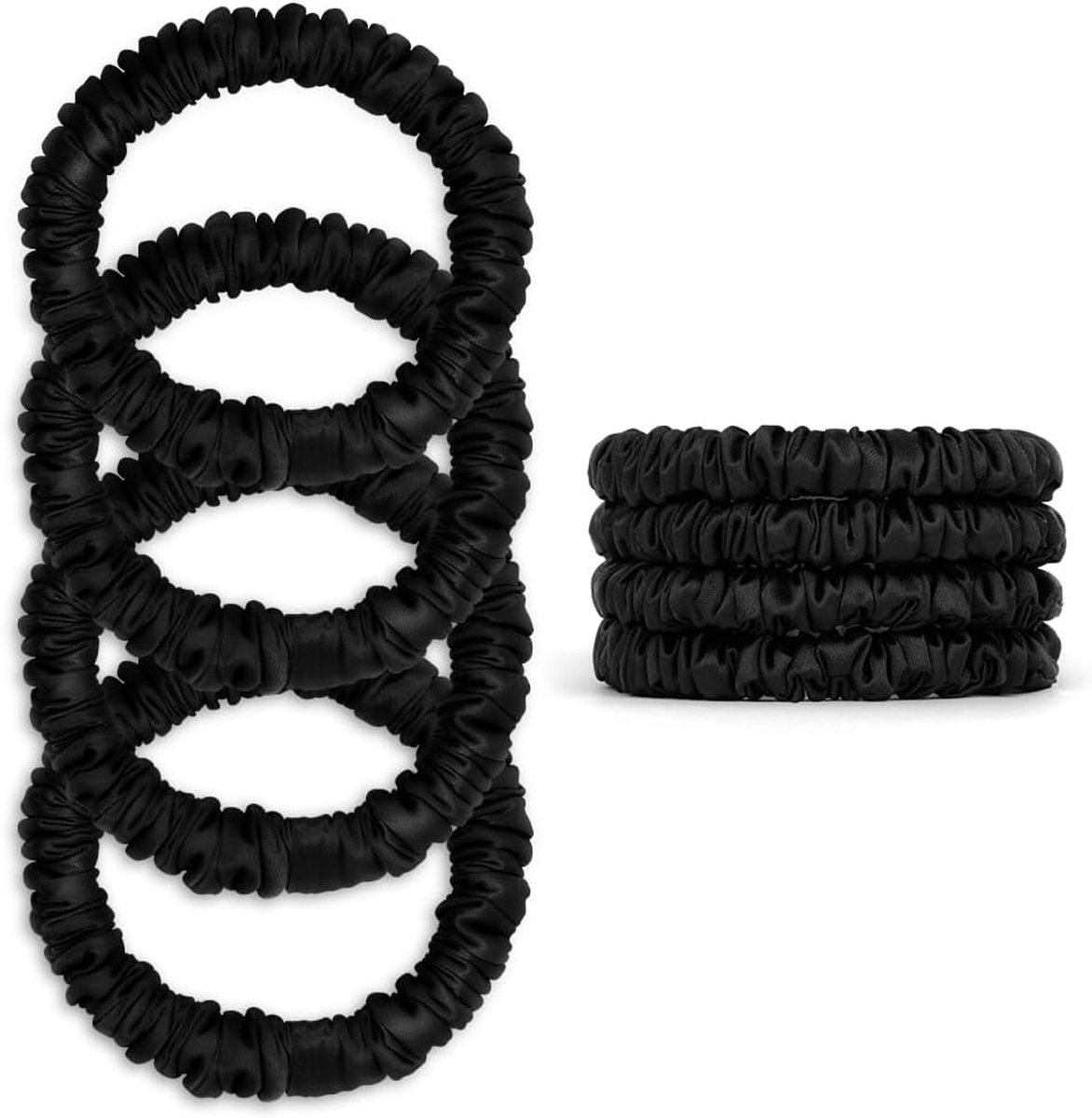 Zijde Satijnen Scrunchies Set van 4 - Mulberry Zijde, Smalle Elastische Scrunchies, Haaraccessoires voor Ponytails en Bows, Beschermt het Haar (Zwart)