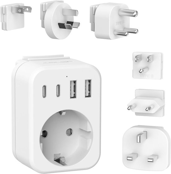 Reisadapter Wereldwijde Set - Internationale Reisstekker met USB C - Stekkeradapter voor VS/UK/Zuid-Afrika/Japan/AUS - Wit