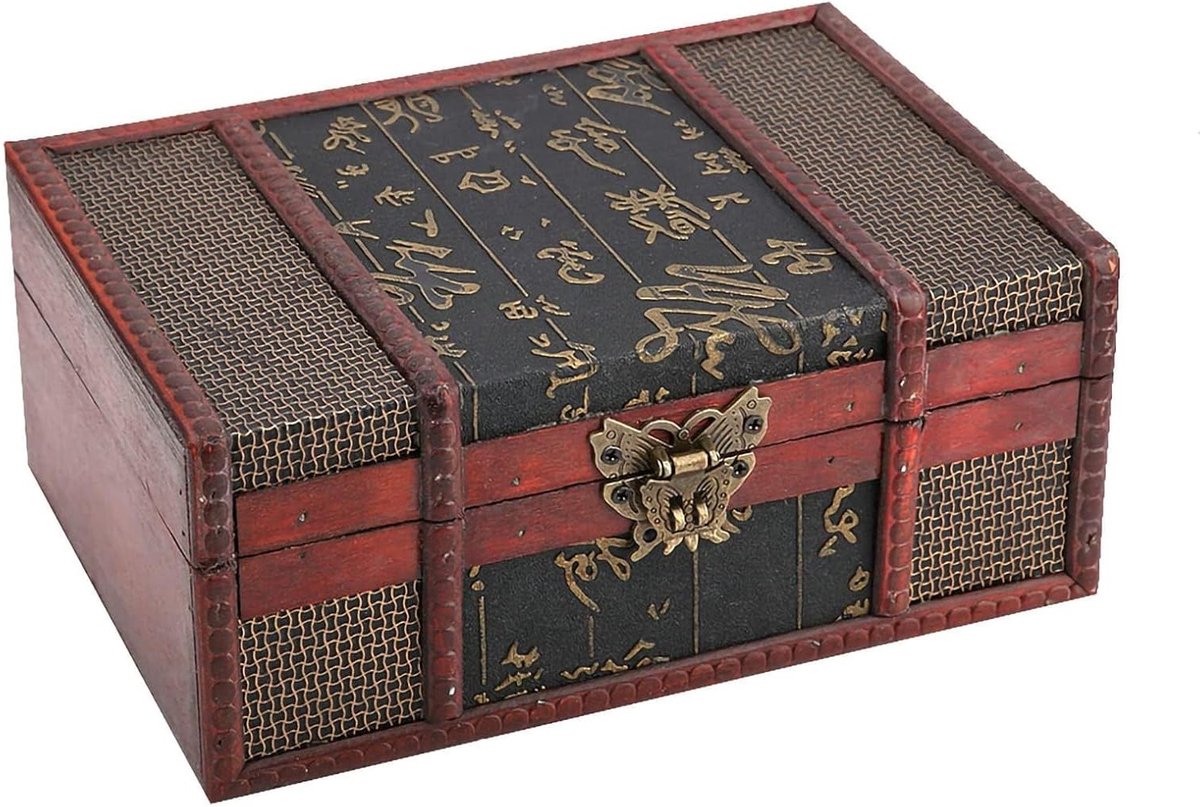 Vintage Houten Opbergdoos voor Sieraden, Decoratieve Schatkist met Slot, 23 x 16 x 10 cm, Perfect voor Organisatie en Cadeaus